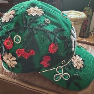 Green and Red Floral Embroidered Hat